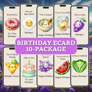 Pacchetto di eCards di compleanno con cibo da 10 pacchetti, download immediato, biglietti di compleanno carini a tema cibo, biglietti digitali per auguri di compleanno, eCard divertenti sul cibo