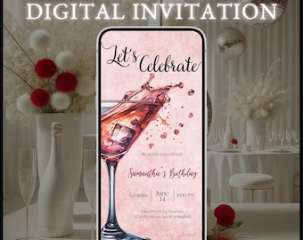 May include: A digital invitation design with the text "Let's Celebrate" and "Samantha's Birthday". The invitation features a watercolor illustration of a cocktail with ice cubes and a splash. The design includes event details and is fully editable.