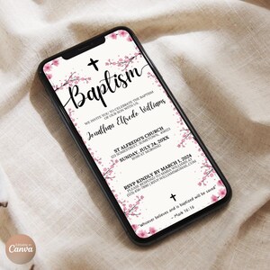 Plantilla de invitación de bautismo con flores rosas, descarga instantánea editable, invitación de bautismo con cruz cristiana, digital, tarjeta de bautismo personalizable