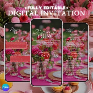 Diseño de flores rosas para mesa de brunch del Día de la Madre, invitación editable de descarga instantánea, configuración floral personalizable para tarjetas de evento del Día de la Madre