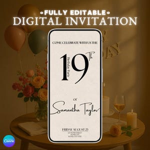 Minimalistische Einladungen zum 19. Geburtstag, bearbeitbare digitale Vorlage, sofortiger Download Partyeinladung, modernes Geburtstagsdesign, anpassbare Karten