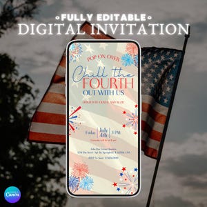 Chill the Fourth Out With Us 4 juli-uitnodiging voor feest, USA vlag ontwerpkaart, bewerkbare sjabloon, instant download, Independence Day Bash