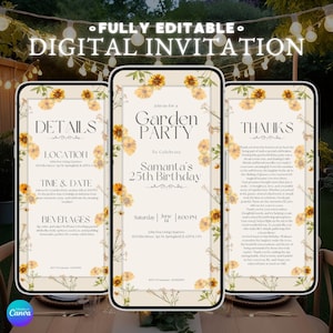 Convites com design de girassol e cacheados amarelos para festa no jardim, download instantâneo, convite editável com clima de verão, designs digitais florais personalizáveis