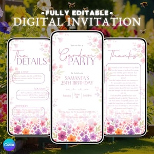 Invitación de cumpleaños para fiesta en el jardín: plantilla editable con diseño de flores moradas, descarga instantánea, tarjetas de celebración primaveral con acuarela