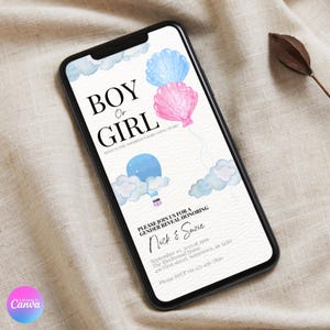 Invitación con globo aerostático para revelar el género del bebé / Diseño de tarjeta rosa y azul / Diseño digital Canva / Plantillas de tarjetas electrónicas personalizables para baby shower