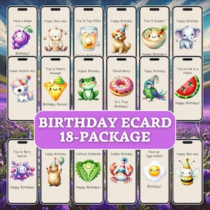 Pacchetto Comby di eCards di compleanno da 18 pacchetti, download immediato, biglietti di compleanno digitali, eCard a tema cibo, biglietti di auguri divertenti, set di auguri di compleanno