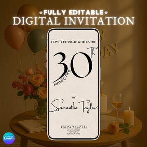 30th Birthday Invitation, Editable Digital Invitation for Canva, Instant Download, Customizable Birthday Party Template, Elegant Celebration