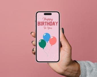Animowana kartka urodzinowa: Różowe balony, możliwość personalizacji (do pobrania w wersji cyfrowej)