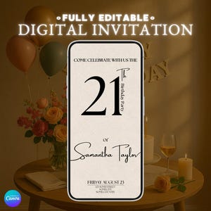 Modern 21st Birthday Invitation, Editable Digital E-Invite, Instant Download Birthday Card, Minimalistic Digital Design for 21st Celebration