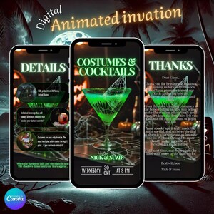 Halloween Cocktail Party Invitations Digital Download, Editable Halloween Invite Template, Custom Costumes and Cocktails Invitation Designs