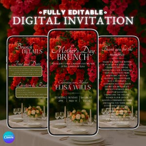 Faire-part pour le brunch fête des mères, motif fleur rouge, modèle modifiable, téléchargement immédiat, carte de fête de printemps élégant jardin salle à manger événement extérieur