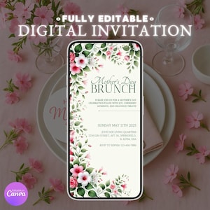 Faire-parts pour le brunch de la fête des mères avec fleurs rouges, téléchargement modifiable et instantané, invitation florale personnalisable pour la fête des mères, cartes d'invitation numériques