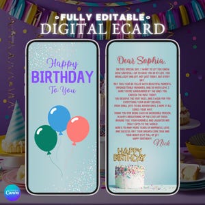 E-Carte d'anniversaire animée ballons violet | Téléchargement instantané | Carte numérique modifiable | Invitation de célébration d'amusement | Cartes électroniques Joyeux anniversaire