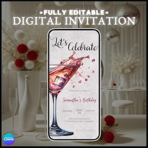 Op de afbeelding: Digitaal uitnodigingsontwerp met een cocktailillustratie. De uitnodiging luidt "Let's Celebrate" en bevat evenementdetails voor Samantha's verjaardag. Het ontwerp is volledig bewerkbaar en heeft een Canva-logo.