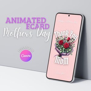 Bonne fête des mères Merci maman bouquet carte, cartes de conception numérique modifiables, modèle personnalisé, téléchargement immédiat pour cadeau de fête des mères