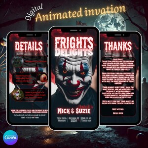 Clown Invite Frights Delights, Instant Download Editable Halloween Invitation, Creepy Clown Design for Spooky Events, Party Invitation Cards