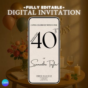 Modern 40th Birthday Invitations, Editable Digital Party Canva Invite, Instant Download, Customizable 40th Celebration Template for Events