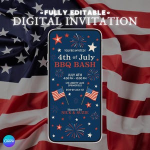 Invito per la festa del 4 luglio American Blue, design modificabile per barbecue, download immediato, biglietto di animazione con fuochi d'artificio, modello personalizzabile per la festa