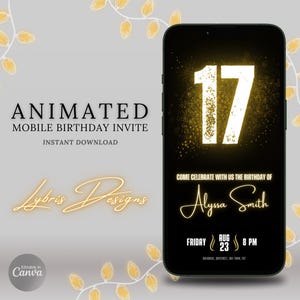Invito per il 17° compleanno in oro / Invito digitale personalizzabile per la festa / Festa di compleanno glamour per i diciassette anni / E-card con download immediato