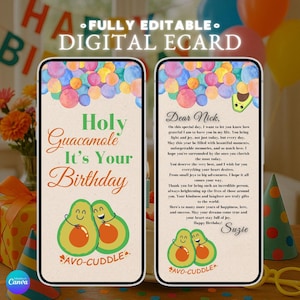 Holy Guacamole Birthday E-Card | Funny Avocado Editable Card | Customizable Digital Greeting Card | Instant Download Birthday Digital eCards