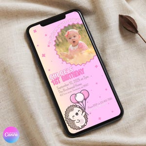 Invitation rose-jaune de fille de hérisson de premier anniversaire | Modifiable et téléchargement instantané | 1r invitation personnalisable d'anniversaire de bébé | Carte virtuelle