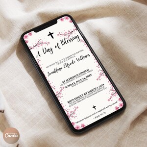 A Day of Blessing Invitation Template Pink Flowers, Editable & Instant Download, Christening Invitation, Baptism Template, Holy Cross Design