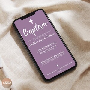 Modello di invito al battesimo viola / Download modificabile e immediato / Design della Santa Croce / Invito al battesimo / Biglietti di invito personalizzabili