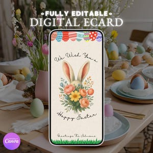 Oudere konijnenoren bloemen Happy Easter-kaart, bewerkbare paasuitnodiging, direct downloaden, schattige konijntjes vakantiegroeten, digitale lentekaarten