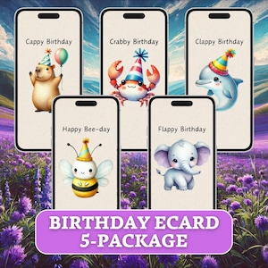Verjaardags-e-cards dierenbundel, onmiddellijke download 5-pack, leuke en grappige verjaardagskaartenset, digitale ontwerpen met dierenthema, onbeperkt gebruik