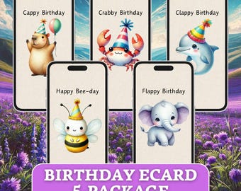 動物の誕生日eカードバンドル：面白いデジタルデザイン（5枚パック）