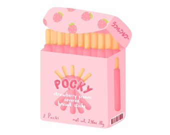 Puede incluir: Una caja rosa de Pocky, palitos de galleta cubiertos de crema de fresa. La caja presenta el logotipo de Pocky, gráficos de fresas y texto japonés. Contiene dos paquetes de palitos de galleta, peso neto 70g.