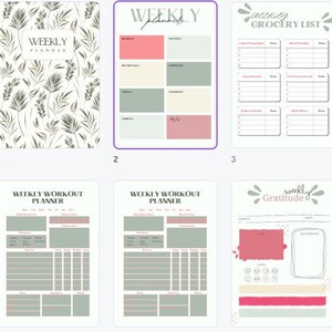 May include: A set of printable planner pages with a weekly layout. The pages feature a floral design, a weekly schedule, a grocery list, a workout planner, and a gratitude journal. The pages are in shades of pink, green, and white.