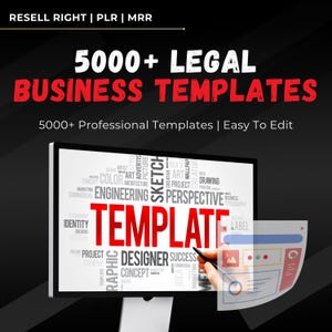 Könnte beinhalten: Ein Computermonitor zeigt den Text "5000+ LEGAL BUSINESS TEMPLATES" in Rot und Weiß. Der Bildschirm zeigt das Wort "TEMPLATE" in großen roten Buchstaben, umgeben von verwandten Wörtern. Eine Hand mit einem Stift zeichnet auf einem digitalen Dokument.