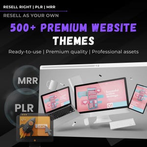 May include: A digital illustration of a computer screen with a rocket ship launching from it. The screen is surrounded by other computer screens and devices, all of which are displaying website designs. The text on the screen reads "LAUNCH". The text on the other screens reads "Successful online strategy." The text at the top of the image reads "RESELL RIGHT | PLR | MRR" and "RESELL AS YOUR OWN". The text in the middle of the image reads "500+ PREMIUM WEBSITE THEMES". The text at the bottom of the image reads "Ready-to-use | Premium quality | Professional assets".
