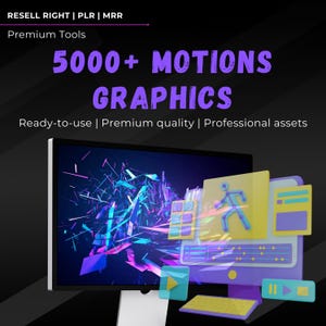 Può includere: Un monitor di computer con uno sfondo astratto colorato sullo schermo. Il monitor è circondato da icone 3D, tra cui un pulsante di riproduzione, una tastiera e un lettore musicale. Il testo "5000+ MOTIONS GRAPHICS" è visualizzato sopra il monitor. Il testo "Ready-to-use | Premium quality | Professional assets" è visualizzato sotto il monitor.