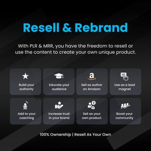 May include: A black and white graphic with the text "Resell & Rebrand" in blue. The graphic shows nine icons representing different ways to use content to build a business. The text "With PLR & MRR, you have the freedom to resell or use the content to create your own unique product." is below the title.