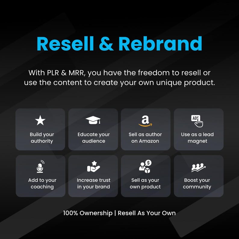 May include: A black and white graphic with the text "Resell & Rebrand" in blue. The graphic shows nine icons representing different ways to use content to build a business. The text "With PLR & MRR, you have the freedom to resell or use the content to create your own unique product." is below the title.