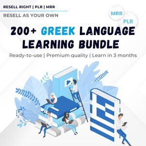 May include: An illustration promoting a Greek language learning bundle. The image features stacked blue books, people using laptops, and the text "200+ GREEK LANGUAGE LEARNING BUNDLE." Additional text includes "Ready-to-use | Premium quality | Learn in 3 months."