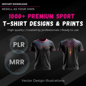 Może przedstawiać: Dwie czarne koszulki z różnymi geometrycznymi wzorami. Koszulki znajdują się na czarnym tle z tekstem "1000+ PREMIUM SPORT T-SHIRT DESIGNS & PRINTS" i "Wysoka jakość | Stworzone przez profesjonalistów | Gotowe do użycia".
