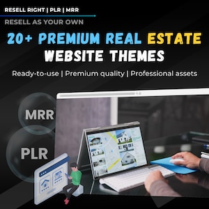 Könnte beinhalten: Ein Laptop mit einer geöffneten Website auf dem Bildschirm, die Bilder von Häusern zeigt. Die Website trägt den Titel "20+ Premium Real Estate Website Themes". Der Text "Resell Right | PLR | MRR" befindet sich oben im Bild. Der Text "Resell as your own" befindet sich unter dem Titel der Website. Der Text "Ready-to-use | Premium quality | Professional assets" befindet sich unter dem Titel der Website.
