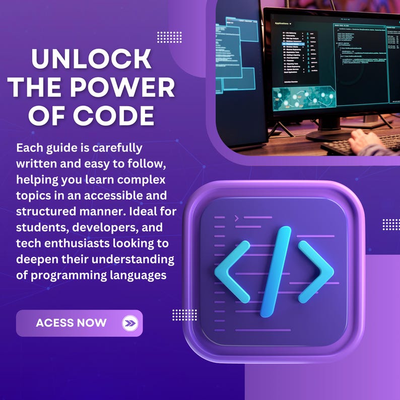 May include: A purple and blue graphic with the text "UNLOCK THE POWER OF CODE". The graphic features a stylized code symbol with a blue background and white lines. The text "ACCESS NOW" is in a white box with a blue arrow.