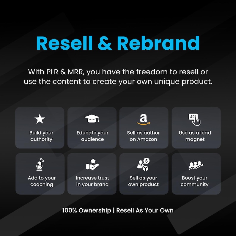 May include: A black and white graphic with the text "Resell & Rebrand" in blue. The graphic shows nine icons representing different ways to use content to build a business. The text "With PLR & MRR, you have the freedom to resell or use the content to create your own unique product." is below the title.