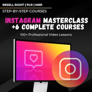 Puede incluir: Un monitor de computadora que muestra un fondo degradado rosa, naranja y amarillo con un icono de corazón rosa neón en un globo de diálogo y un logotipo de Instagram blanco en un círculo morado. El texto en la pantalla dice "INSTAGRAM MASTERCLASS +6 COMPLETE COURSES 100+ Professional Video Lessons".