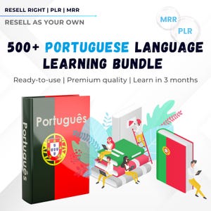 May include: An illustration advertising a Portuguese language learning bundle. The image shows a large book with "Português" and the Portuguese flag, plus smaller books and people with laptops. Text includes "500+ Portuguese Language Learning Bundle" and "Learn in 3 months."