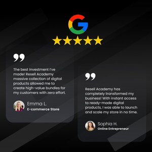 May include: Two customer testimonials with five-star Google reviews for Resell Academy. The first testimonial says, "The best investment I've made! Resell Academy's massive collection of digital products allowed me to create high-value bundles for my customers with zero effort." The second testimonial says, "Resell Academy has completely transformed my business! With instant access to ready-made digital products, I was able to launch and scale my store in no time."