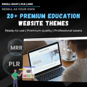 Pode incluir: Imagem que promove temas de sites para educação online. O texto diz "20+ PREMIUM EDUCATION WEBSITE THEMES" e "Ready-to-use | Premium quality | Professional assets." Um laptop exibe um site com as palavras "ONLINE EDUCATION."