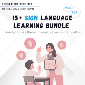 Puede incluir: Ilustración que promociona un paquete de aprendizaje de lengua de signos. La imagen presenta a un profesor y un estudiante, bocadillos con gestos con las manos y el texto "15+ SIGN LANGUAGE LEARNING BUNDLE". El texto también incluye "Ready-to-use | Premium quality | Learn in 3 months".
