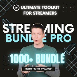 Puede incluir: Imagen promocional para un paquete de streaming. La imagen presenta a un hombre sosteniendo un mando de videojuegos, con texto que dice "Ultimate Toolkit for Streamers", "Streaming Bundle Pro" y "1000+ Bundle". También están presentes las palabras "Resell Rights Included".