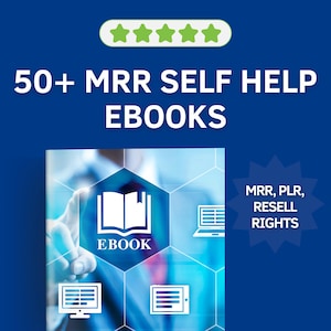 May include: A blue background with a white hexagon pattern. A hand is pointing at a white book icon with the word "EBOOK" below it. The text "50+ MRR SELF HELP EBOOKS" is at the top of the image. A white circle with the text "MRR, PLR, RESELL RIGHTS" is in the upper right corner.