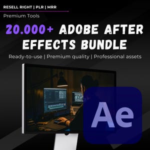 May include: A computer screen displaying a video editing program with a person working on it. The screen is surrounded by a black background with the text "20,000+ ADOBE AFTER EFFECTS BUNDLE" in white and purple. The text "RESELL RIGHT | PLR | MRR" is in white and the text "Premium Tools" is in white. The text "Ready-to-use | Premium quality | Professional assets" is in white. The text "Ae" is in white and purple on a blue background.